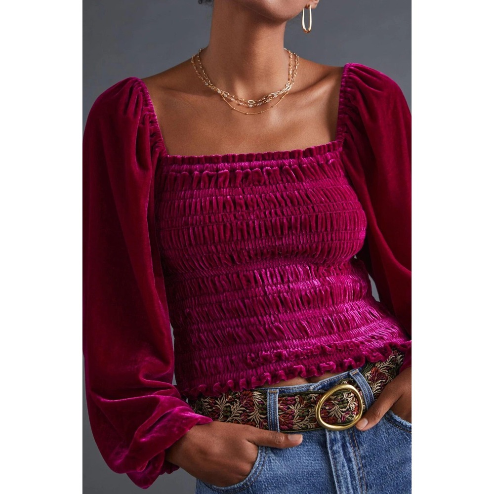 Anthropologie Womens Smocked Velvet Puff Sleeve Top Small Magenta Pink Boho - Picture 3 of 11